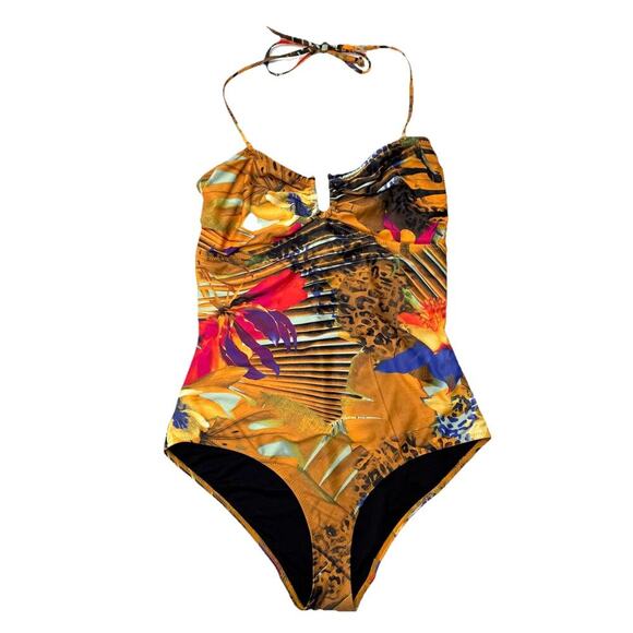 GESTUZ Kelly Swimsuit Floral Animal Leopard Print Brown Halterneck Size M Medium - Picture 1 of 13